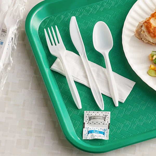4PC CUTLERY KIT-MEDIUM WEIGHT WHITE PP PLASTIC KNIFE, FORK, TEASPOON, NAPKIN, SALT & PEPPER-VICTORIA BAY