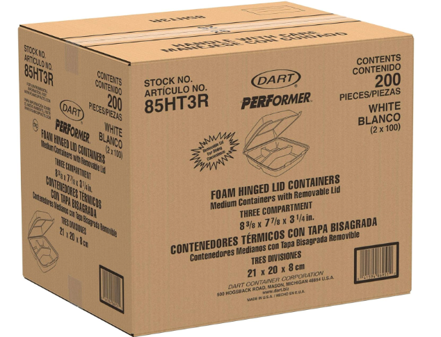 8" X 8" 3-COMPARTMENT WHITE FOAM BOX- HINGED-DART 85HT3R