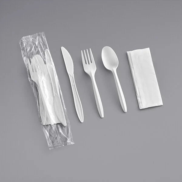 4PC CUTLERY KIT SET-MEDIUM WEIGHT WRAPPED PLASTIC KNIFE/FORK/TEASPOON/NAPKIN-WHITE