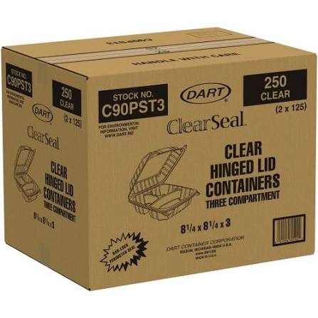 8 5/16" x 8 5/16" x 3"- 3-COMPARTMENT PLASTIC HINGED CLAMSHELL CONTAINER-CLEAR-DART C90PST3 (2PK X 125PCS) 250CT