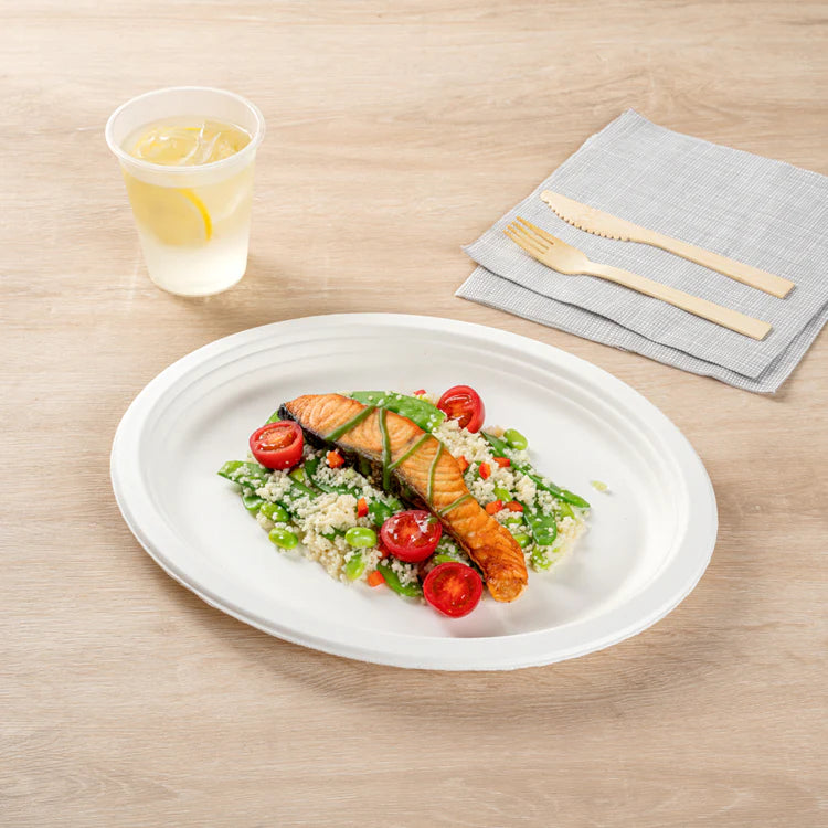 10'' X 12'' COMPOSTABLE BAGASSE/SUGARCANE OVAL PLATE WHITE-WOODYS