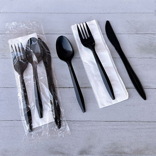 4PC CUTLERY KIT SET-MEDIUM WEIGHT WRAPPED PLASTIC KNIFE/FORK/TEASPOON/NAPKIN