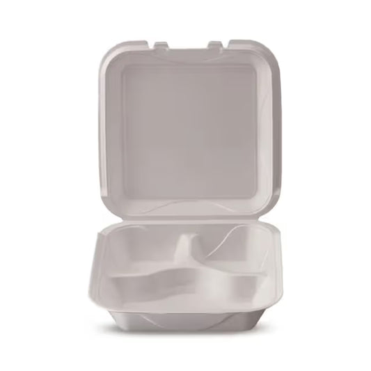 9"x 9"x 3"--3-COMPARTMENT FOAM LUNCH BOX-HINGED-WHITE-DARNEL (200CT)