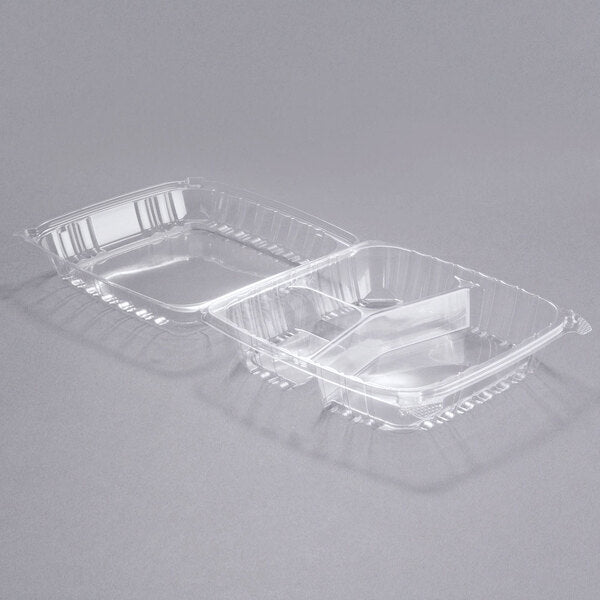 8 7/8"x 9 3/8"x 3" 3-COMPARTMRENT PLASTIC HINGED-LID CLAMSHELL CONTAINER-CLEAR-DART C95PST3 (2PK X 100PCS) 200CT