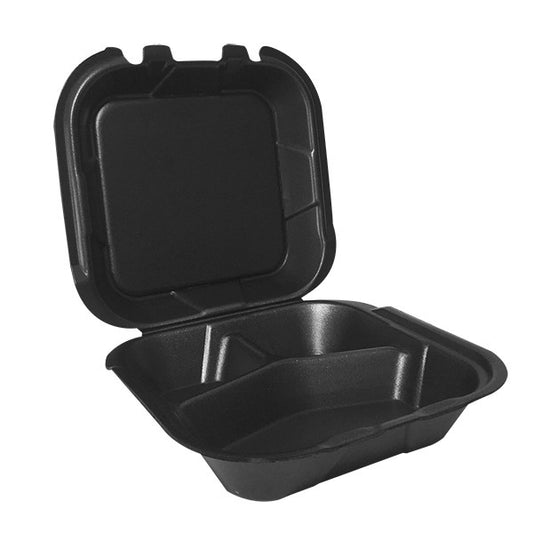 9" X 9" FOAM 3-COMPARTMENT LUNCH BOX-HINGED-BLACK-PLASTIFAR PLAS250746 (2PK X 100PCS) 200CT