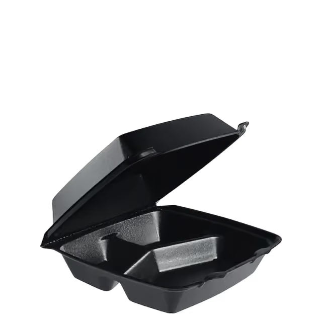 8" X 8" X 3" 3 COMPARTMENT FOAM TAKE-OUT LUNCH BOX-HINGED LID-MEDIUM-BLACK-TERMOPAC 8X8X33BOMPBK (2OO CT)