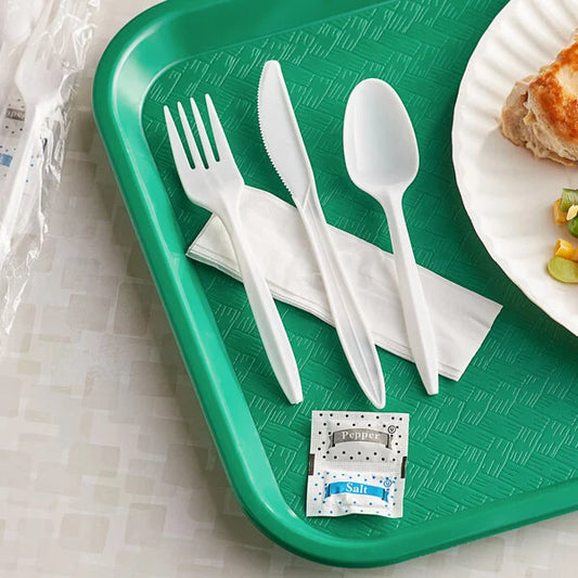 4PC CUTLERY KIT-MEDIUM WEIGHT WHITE PP PLASTIC KNIFE, FORK, TEASPOON, NAPKIN, SALT & PEPPER-VICTORIA BAY