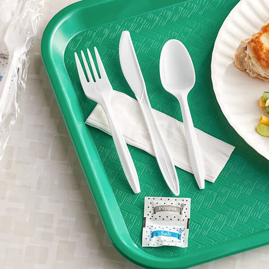 MEDIUM WEIGHT WHITE PP PLASTIC KNIFE, FORK, TEA-SPOON, NAPKIN, SALT & PEPPER-PROBRAND