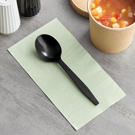 HEAVY WEIGHT UNWRAPPED BLACK PP PLASTIC SOUP SPOON-WOODYS