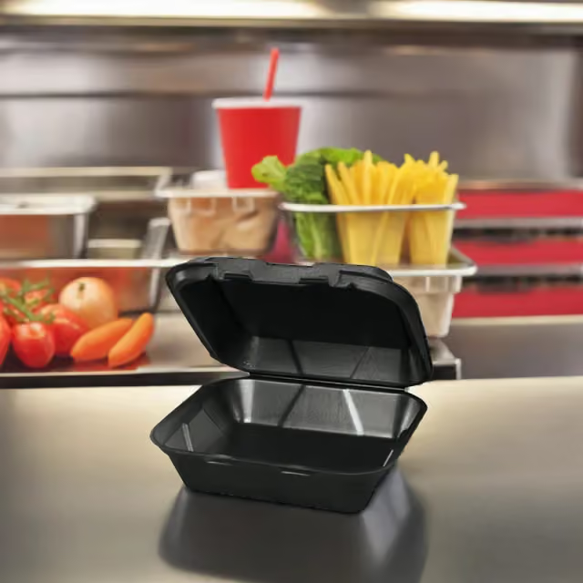 6" X 6" X 3" FOAM TAKE-OUT LUNCH BOX w/ DOME LID-HINGED-SQUARE-BLACK-DARNEL DU401199 (5OO CT)
