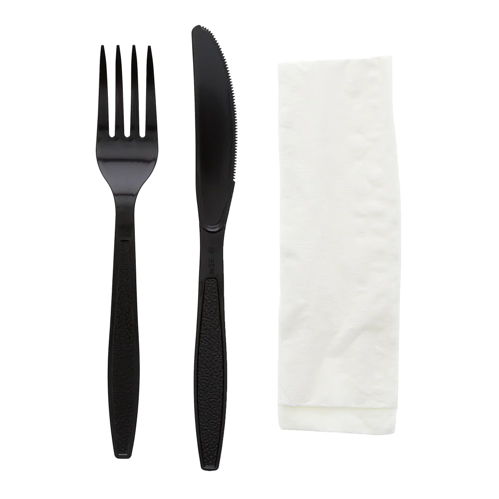 3PC CUTLERY KIT-HEAVY WEIGHT BLACK PP PLASTIC KNIFE, FORK & NAPKIN-WOODYS