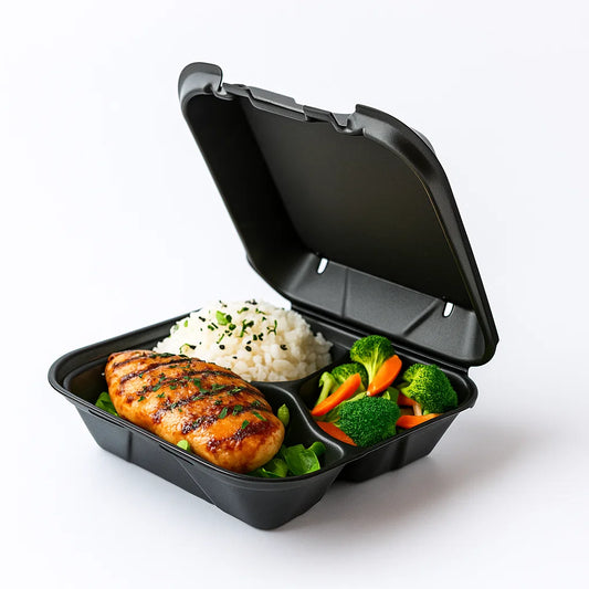 8" X 8" 3-COMPARTMENT BLACK FOAM LUNCH BOX-HINGED-REGULAR-DARNEL