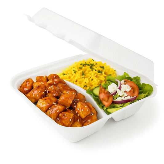 "9 X 9" 3-COMPARTMENT WHITE FOAM LUNCH BOX-HINGED-PLASTIFAR