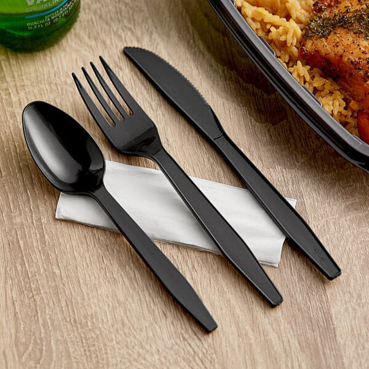 HEAVY WEIGHT BLACK PP PLASTIC KNIFE, FORKS, TEASPOON & NAPKIN-WOODYS