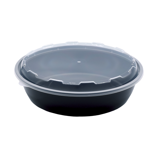 7" (24OZ)-MEDIUM ROUND PLASTIC MICROWAVABLE CONTAINER W/LID COMBO-BLACK-CuBEware CO-624 (150CT)