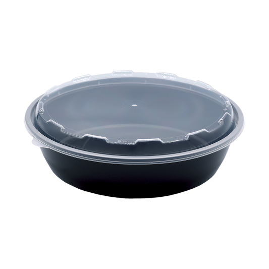 7" (24OZ)-MEDIUM ROUND PLASTIC MICROWAVABLE CONTAINER W/LID COMBO-BLACK-CuBEware CO-624 (150CT)
