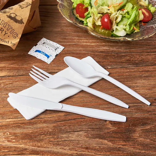 4PC CUTLERY KIT SET-MEDIUM WEIGHT WRAPPED PLASTIC KNIFE/FORK/TEASPOON/NAPKIN-WHITE