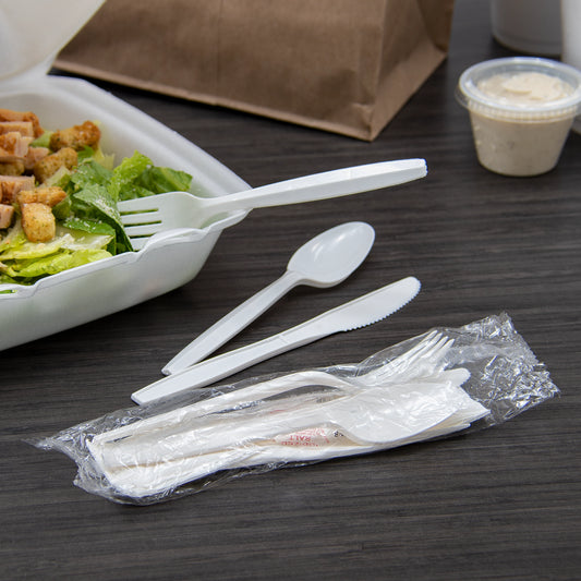 4PC CUTLERY KIT-MEDIUM WEIGHT WRAPPED WHITE PP PLASTIC KNIFE, FORK, TEASPOON & NAPKIN-WOODYS