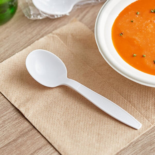 HEAVY WEIGHT PP WHITE PLASTIC SOUP SPOONS & NAPKIN-WOODYS