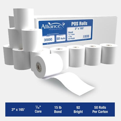 3''X 165FT CASH REGISTER ROLLS 1PLY BOND PAPER- ALLIANCE BRAND