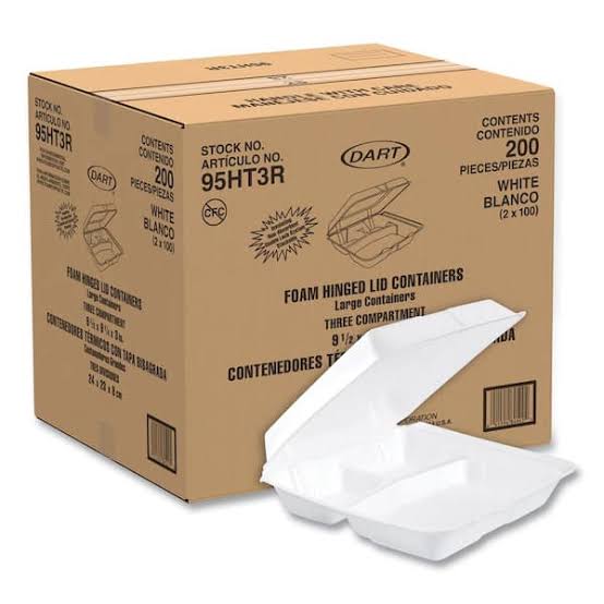 9.5'' X 9'' X 3"-3-COMPARTMENT FOAM LUNCH BOX-HINGED-WHITE-DART-95HT3R (2PK X 100PCS) 200CT