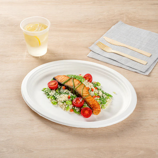 10'' X 12'' COMPOSTABLE BAGASSE/SUGARCANE OVAL PLATE WHITE-WOODYS