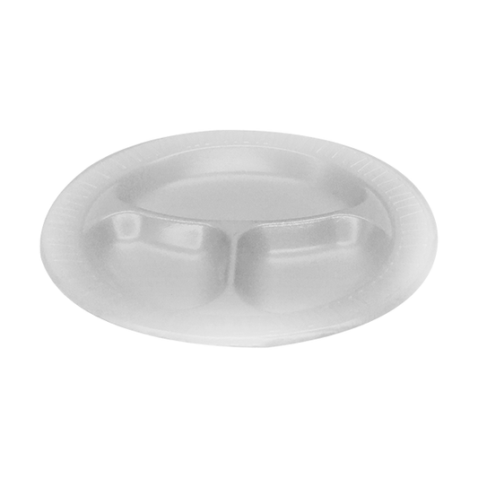 10" ROUND 3-COMPARTMENT WHITE FOAM LUNCH PLATE-HINGED-PLASTIFAR