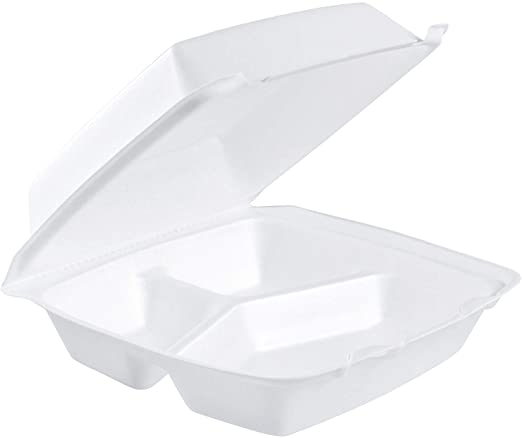 8" X 8'' 3-COMPARTMENT MED WHITE FOAM LUNCH BOX-HINGED SQUARE PACKING SHALLOW -TERMOPAC-1 LOCK