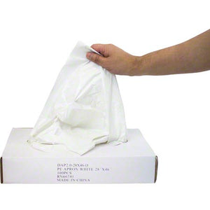 ( SINGLE PACKS) 28X46 PLASTIC POLY APRONS WHITE (DISPOSABLE) - HEAVY WEIGHT- AMBITEX BRAND-  - 5X100PCS -500CT(#232)