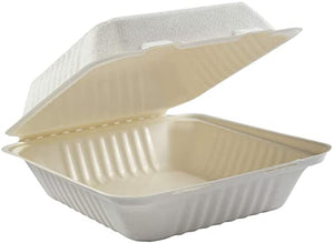 8"X8"X 1 COMP COMPOSTABLE BAGASSE/SUGARCANE LUNCH BOX - LOW - WHITE WOODYS- 2X100PCS- 200CT (#540)