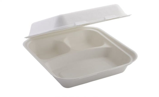 8" X 8" 3-COMPARTMENT WHITE COMPOSTABLE BAGASSE/SUGARCANE LUNCH BOX-HIGH-WOODYS