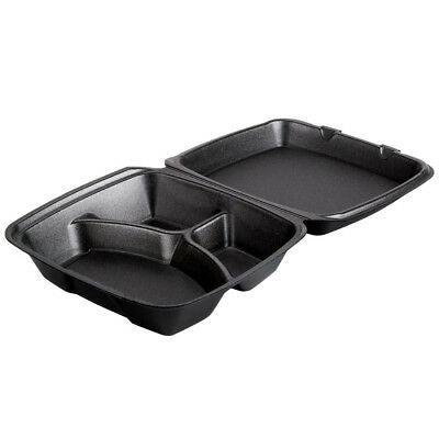 9" X 9"X 3-COMPARTMENT BLACK HINGED FOAM LUNCH BOX-TERMOPAC
