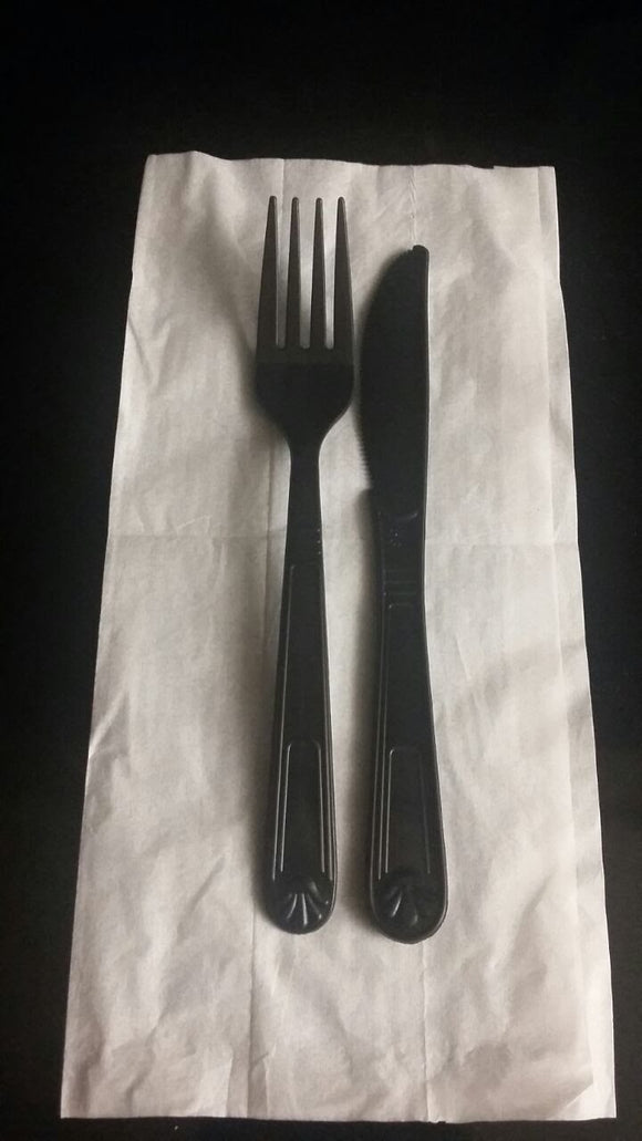 3 PC SET CUTLERY KITS   ( HEAVY WEIGHT )  PP PLASTIC KNIFE,FORKS AND NAPKINS- BLACK-WOODYS- (1X500PC)- 500CT #021
