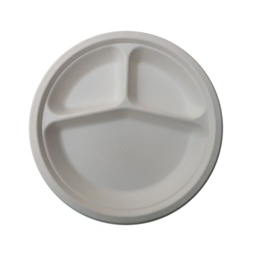 10'' 3 COMP COMPOSTABLE BAGASSE/SUGARCANE ROUND PLATE -WHITE-4X125PCS - 500CT - #547