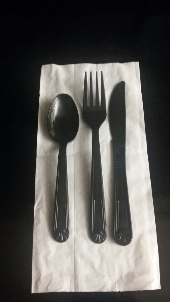 HEAVY WEIGHT PP PLASTIC KNIFE, FORKS, TEASPOON & NAPKINS - BLACK - WOODYS (5X50PCS)- 250CT (#25)