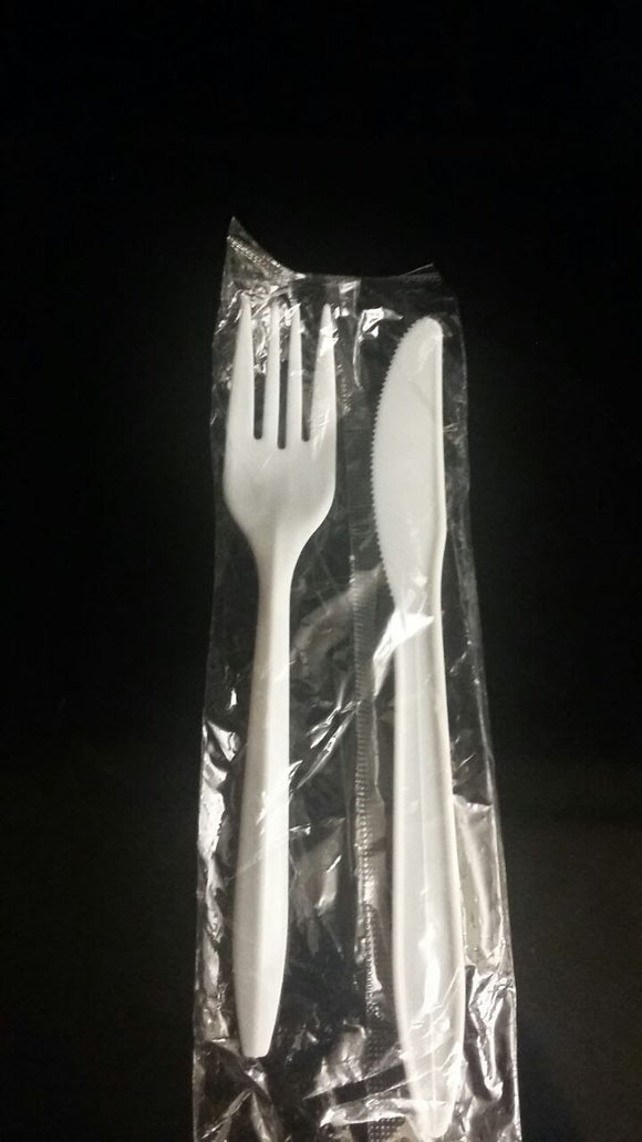 2 PC SET CUTLERY KITS  (MEDIUM WEIGHT)  PP PLASTIC KNIFE AND FORKS - WHITE- WRAPPED -WOODY (5X100PCS) - 500CT #008