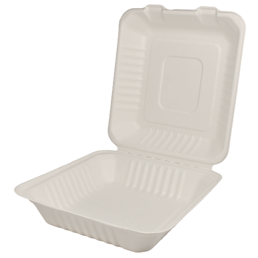 8" X 8 1-COMPARTMENT WHITE COMPOSTABLE BAGASSE/SUGARCANE LUNCH BOX-HIGH-WOODYS