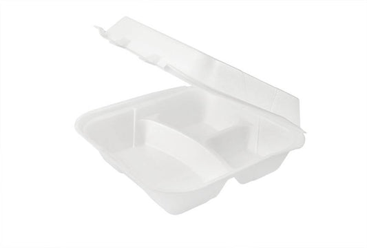 9''X 9'' 3-COMPARTMENT WHITE FOAM LUNCH BOX-HINGED-2 LOCK-TERMOPAC